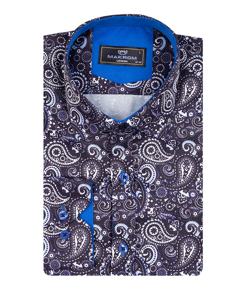 Dark Blue Fashion Paisley Print Long Sleeve Shirt-Makrom