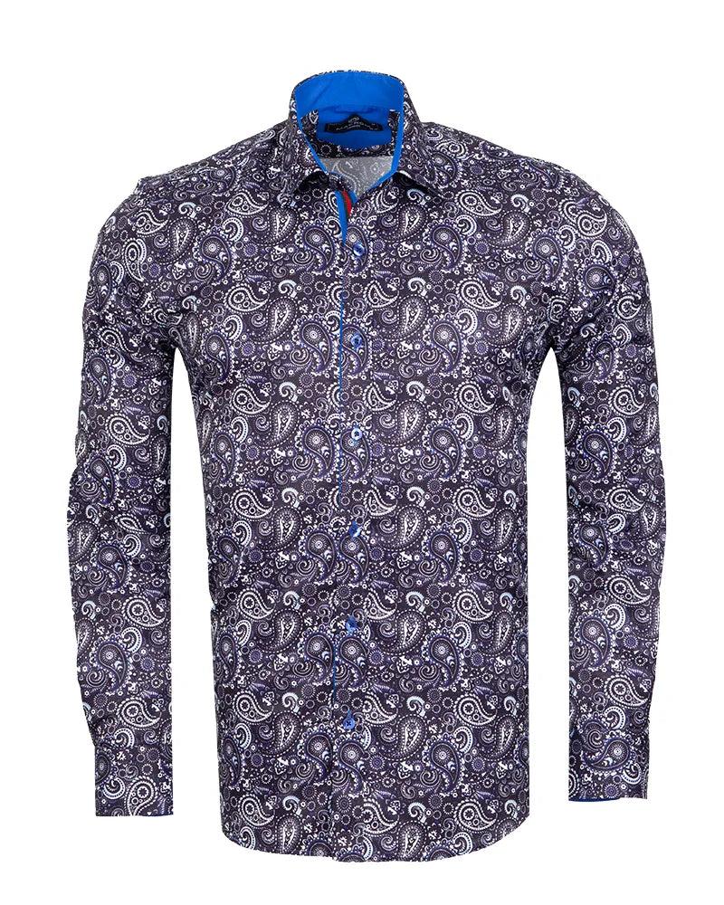 Dark Blue Fashion Paisley Print Long Sleeve Shirt-Makrom