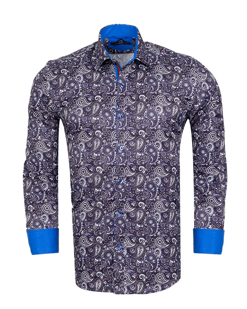 Dark Blue Fashion Paisley Print Long Sleeve Shirt-Makrom
