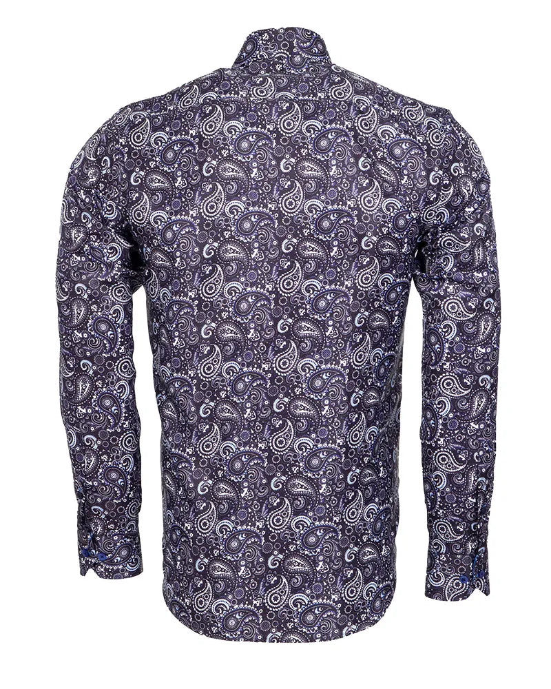 Dark Blue Fashion Paisley Print Long Sleeve Shirt-Makrom