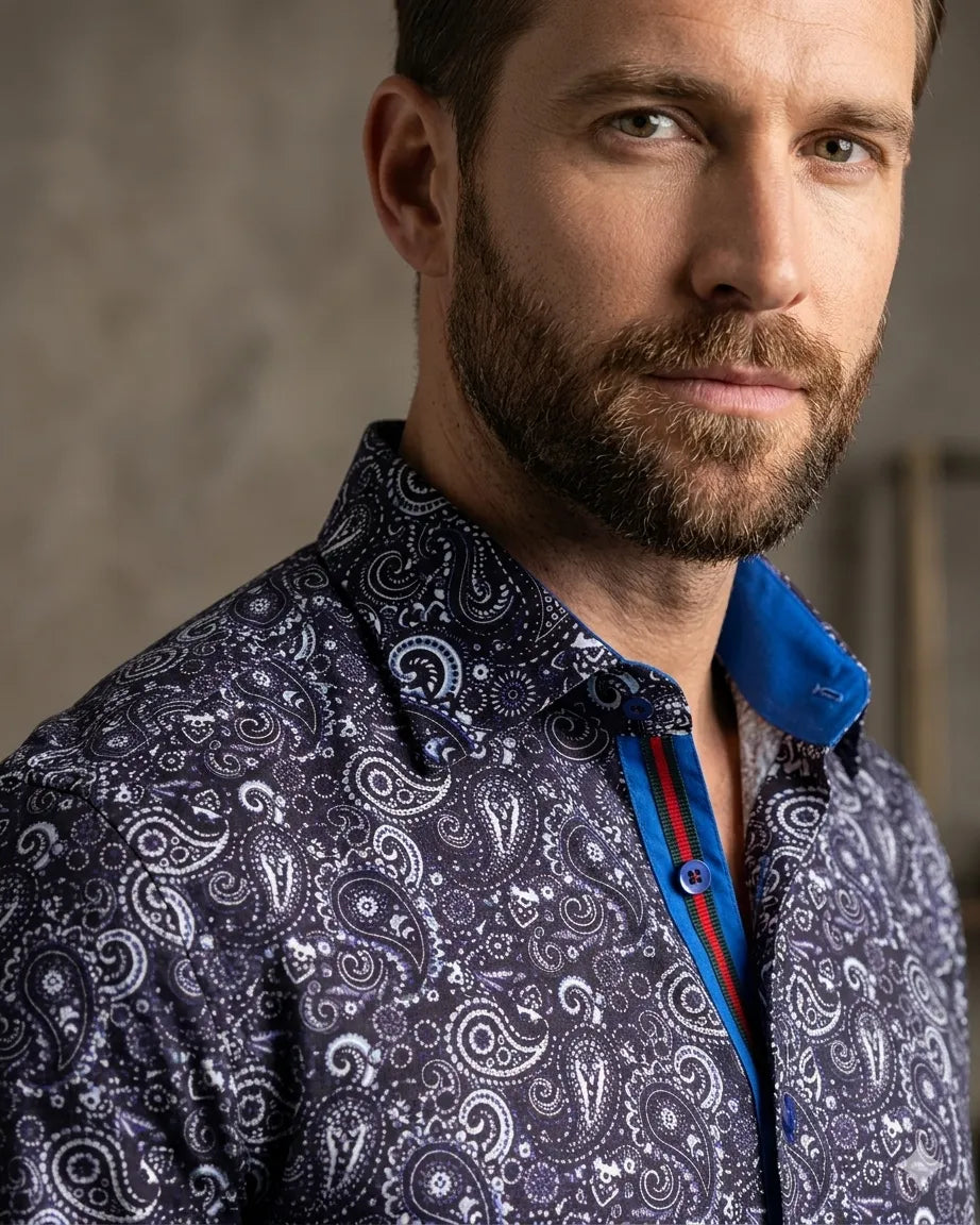 Dark Blue Fashion Paisley Print Long Sleeve Shirt