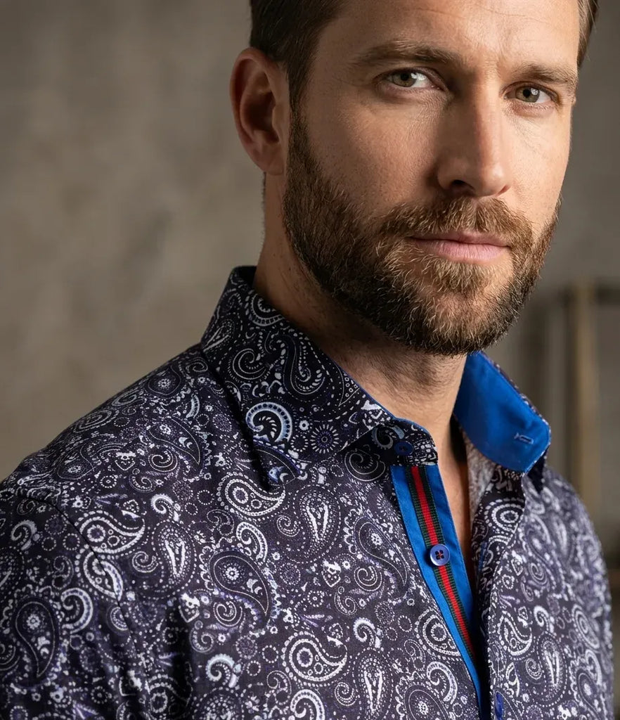 Dark Blue Fashion Paisley Print Long Sleeve Shirt