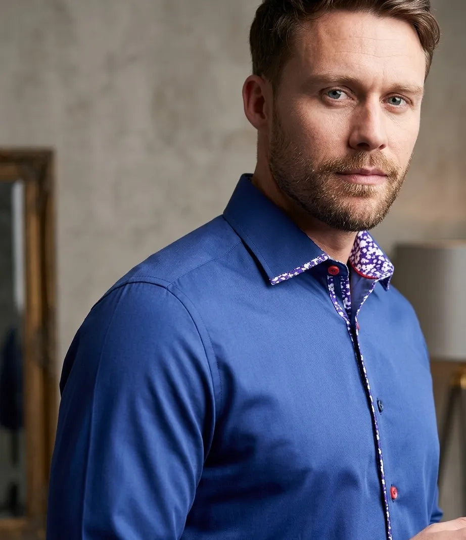 Dark Blue Fashion Shirt with Floral Collar Tip Design