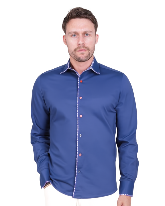 Dark Blue Fashion Shirt with Floral Collar Tip Design-Makrom