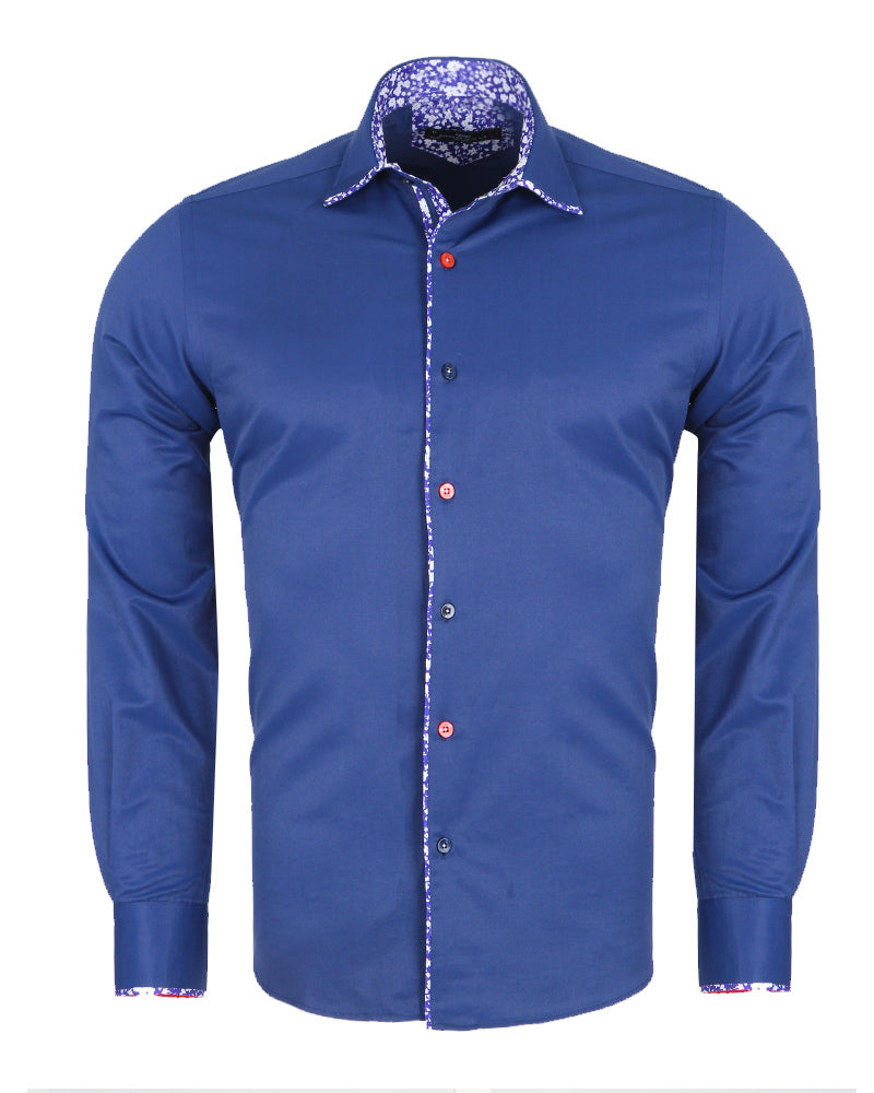 Dark Blue Fashion Shirt with Floral Collar Tip Design-Makrom