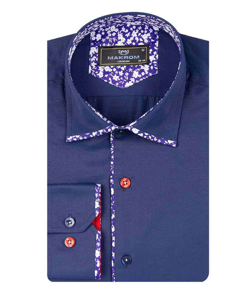 Dark Blue Fashion Shirt with Floral Collar Tip Design-Makrom