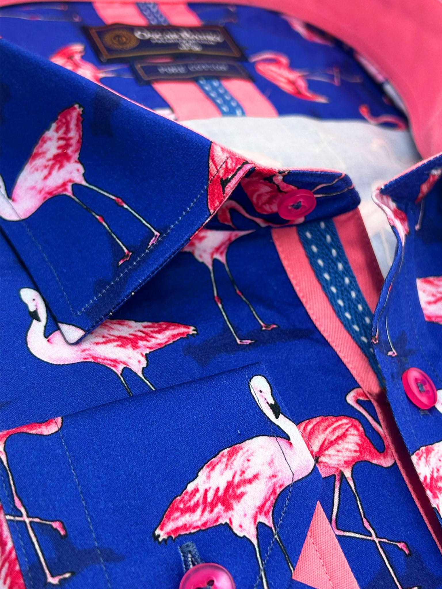Dark Blue Flamingo Print Men's Shirt with Matching Handkerchief-Makrom