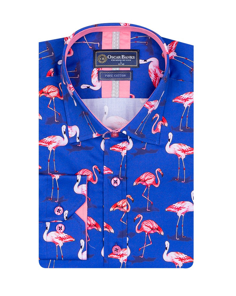 Dark Blue Flamingo Print Men's Shirt with Matching Handkerchief-Makrom