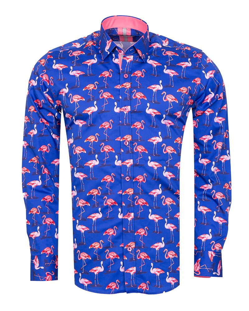 Dark Blue Flamingo Print Men's Shirt with Matching Handkerchief-Makrom