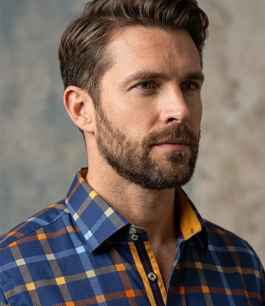 Dark Blue Flannel Print Men's Shirt with Matching Handkerchief