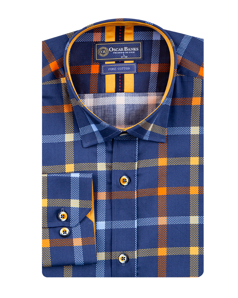 Dark Blue Flannel Print Men's Shirt with Matching Handkerchief-Makrom