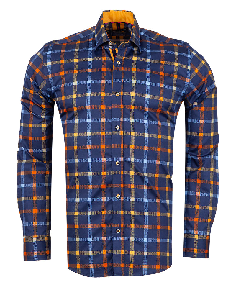 Dark Blue Flannel Print Men's Shirt with Matching Handkerchief-Makrom