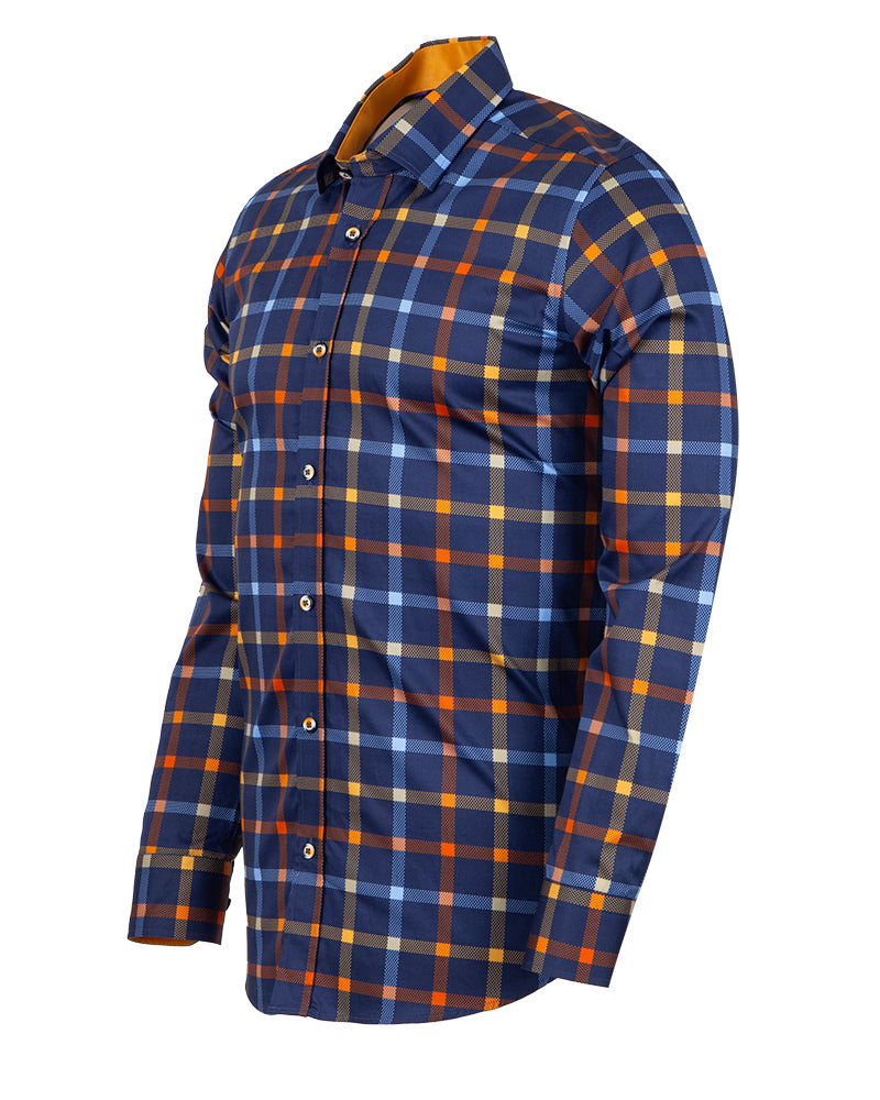 Dark Blue Flannel Print Men's Shirt with Matching Handkerchief-Makrom