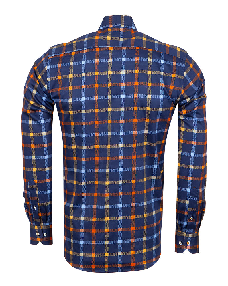 Dark Blue Flannel Print Men's Shirt with Matching Handkerchief-Makrom