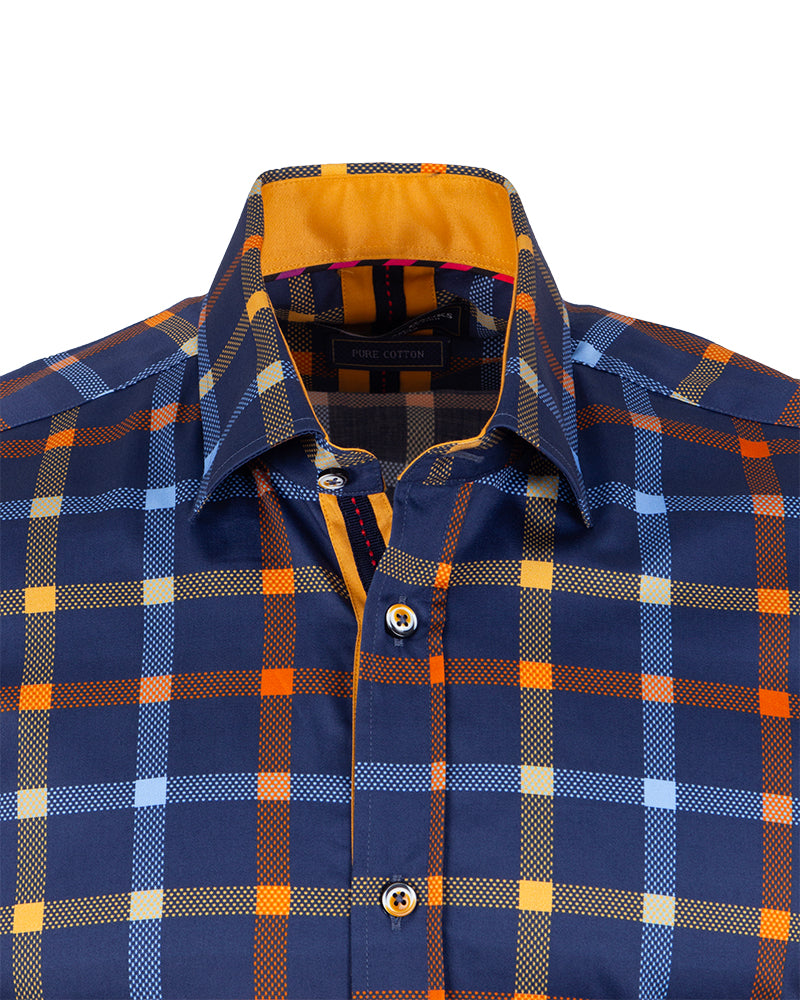 Dark Blue Flannel Print Men's Shirt with Matching Handkerchief-Makrom