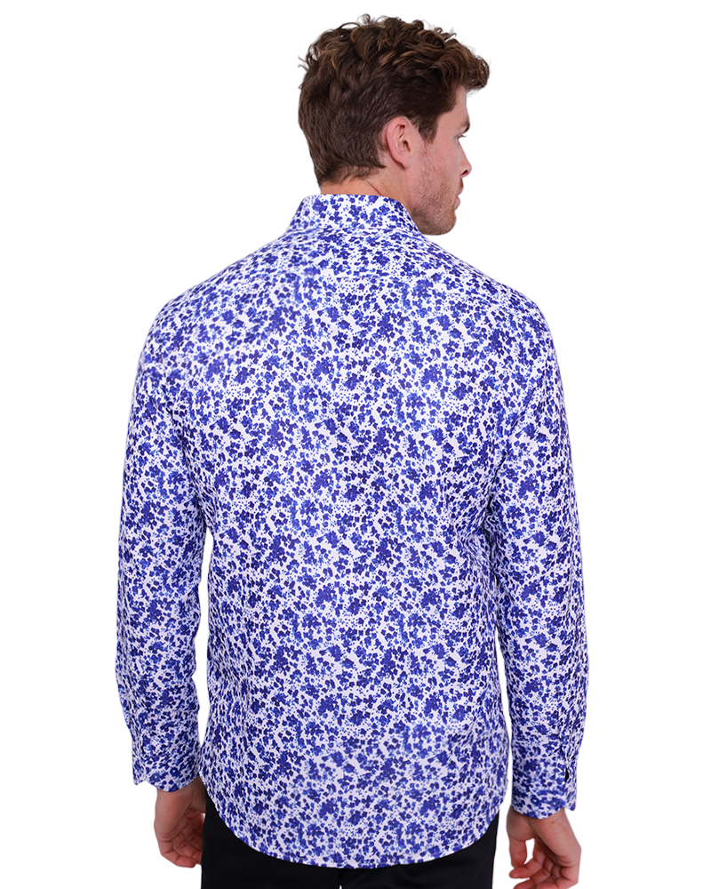 Dark Blue Floral Design Print Men's Shirt-Makrom