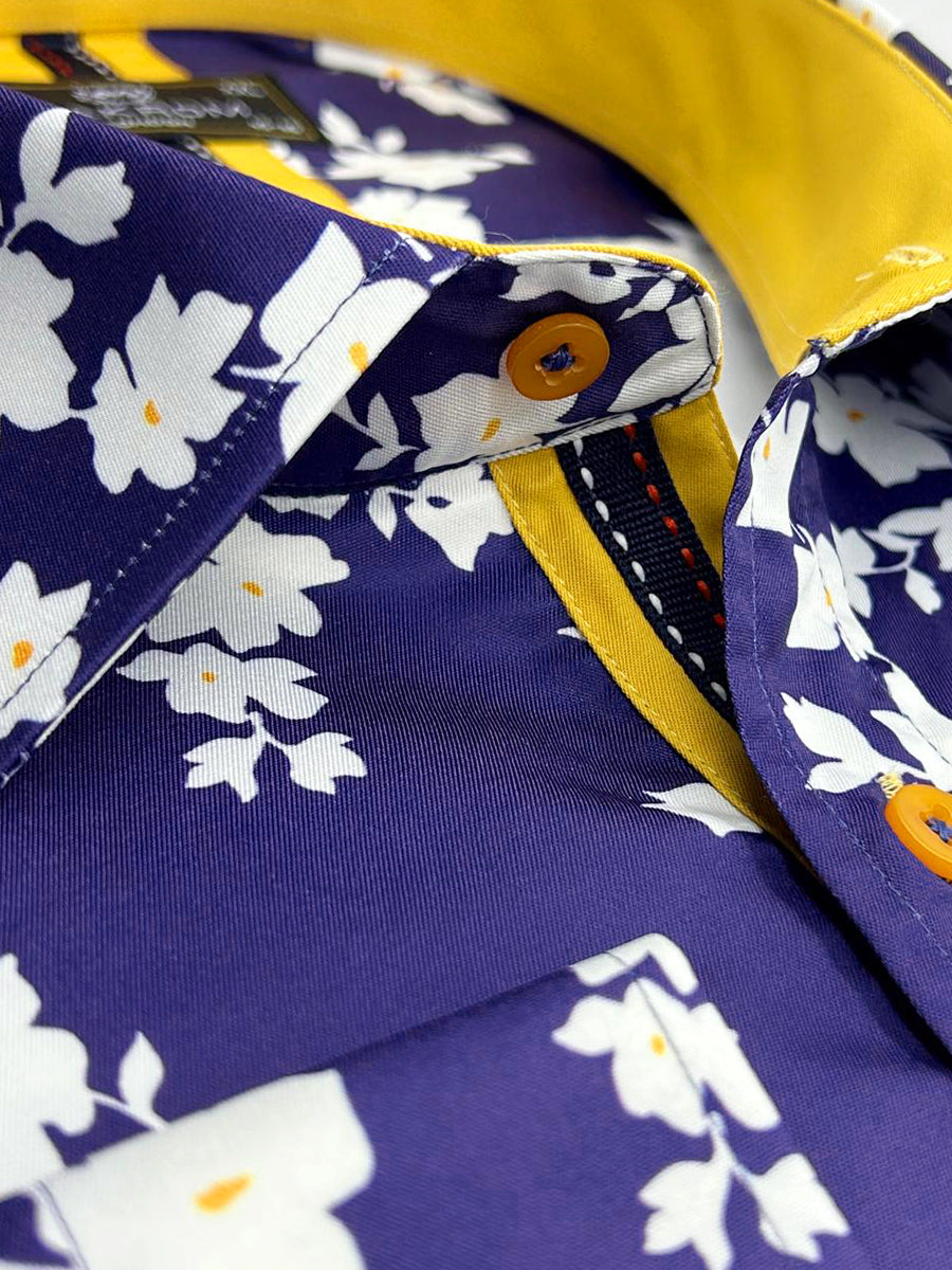 Dark Blue Floral Print Men's Shirt-Makrom