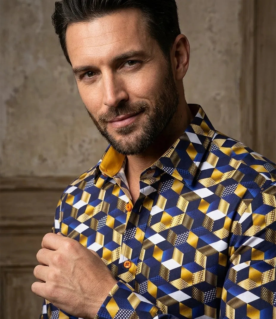 Dark Blue Geo Print Shirt with Matching Handkerchief