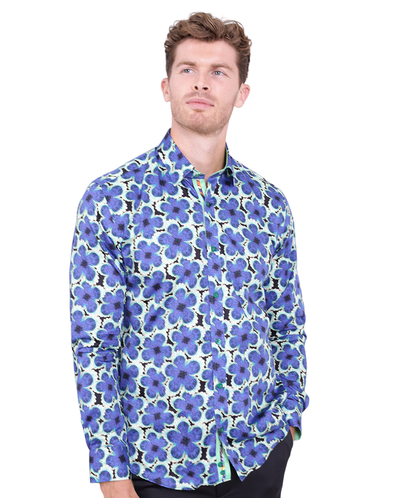 Dark Blue Large Flower Print Shirt with Matching Handkerchief-Makrom