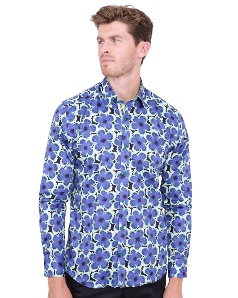 Dark Blue Large Flower Print Shirt with Matching Handkerchief-Makrom