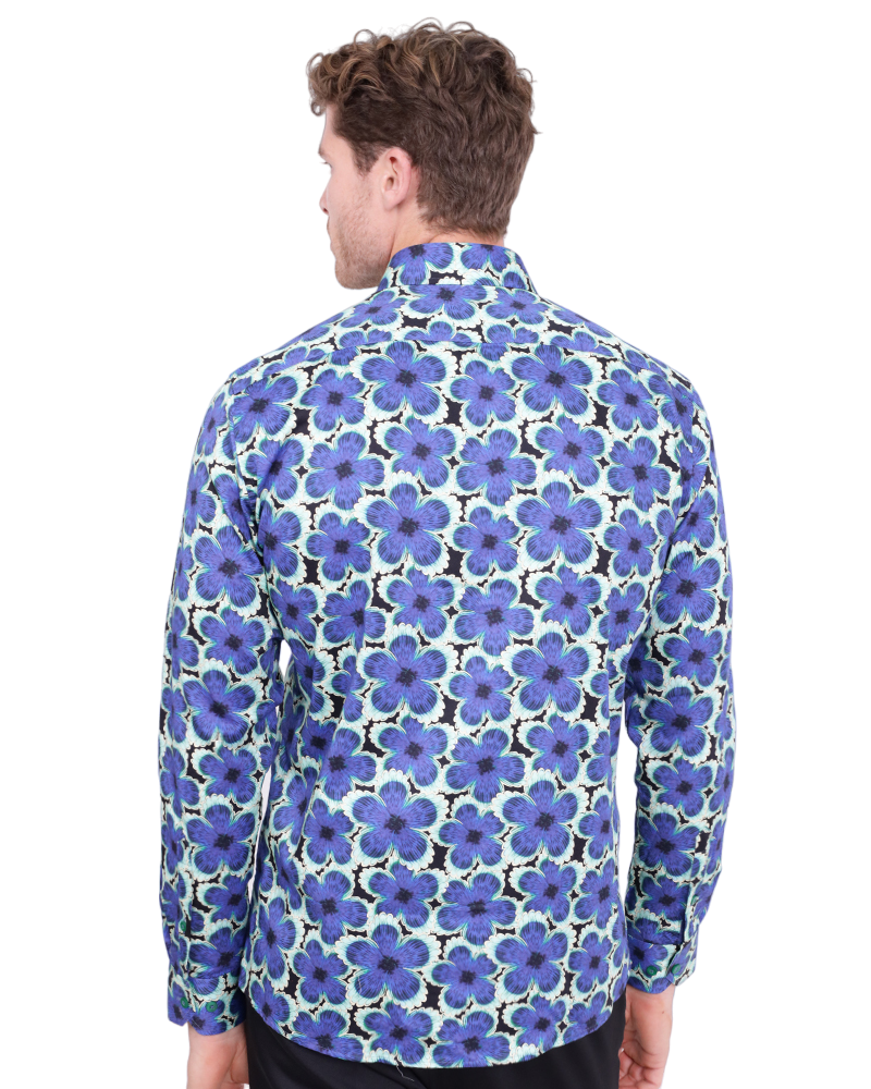 Dark Blue Large Flower Print Shirt with Matching Handkerchief-Makrom