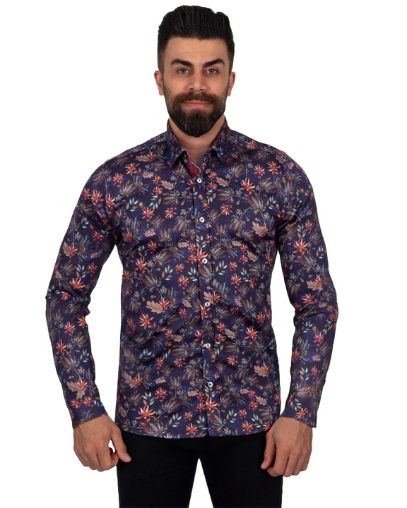 Dark Blue Leaf Print Men's Shirt with Matching Handkerchief-Makrom