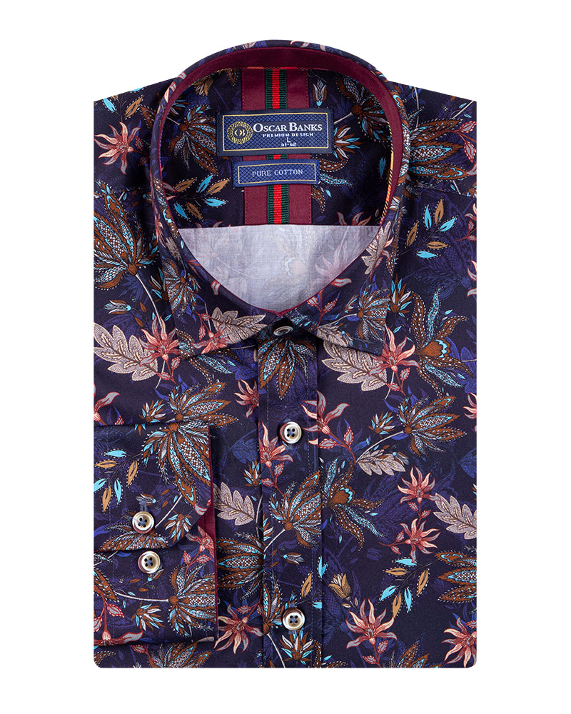 Dark Blue Leaf Print Men's Shirt with Matching Handkerchief-Makrom