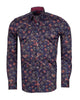 Dark Blue Leaf Print Men's Shirt with Matching Handkerchief-Makrom