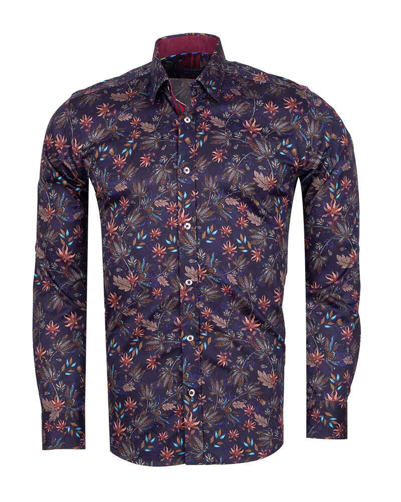 Dark Blue Leaf Print Men's Shirt with Matching Handkerchief-Makrom