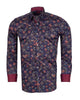 Dark Blue Leaf Print Men's Shirt with Matching Handkerchief-Makrom