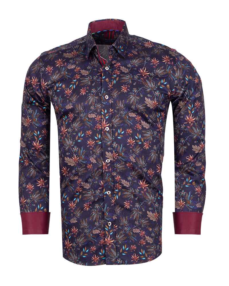 Dark Blue Leaf Print Men's Shirt with Matching Handkerchief-Makrom
