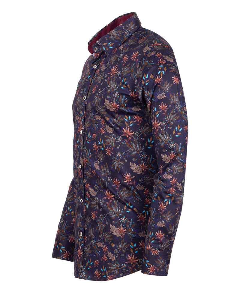 Dark Blue Leaf Print Men's Shirt with Matching Handkerchief-Makrom