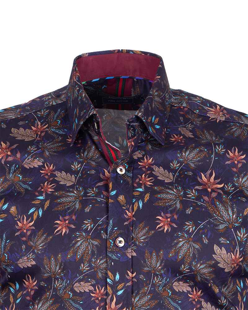Dark Blue Leaf Print Men's Shirt with Matching Handkerchief-Makrom