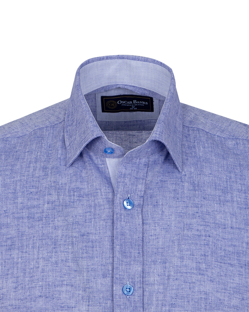 Dark Blue Linen Plain Short Sleeve Shirt-Makrom