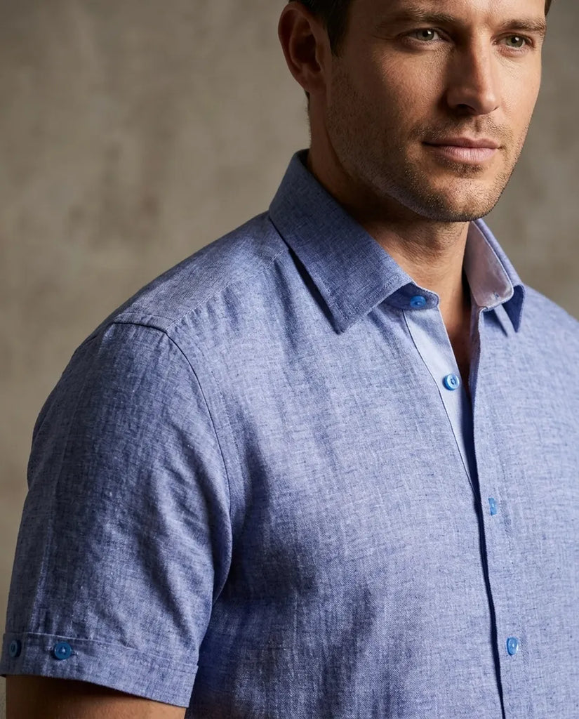 Dark Blue Linen Plain Short Sleeve Shirt