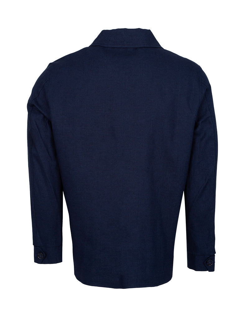 Dark Blue Linen Utility Overshirt-Makrom