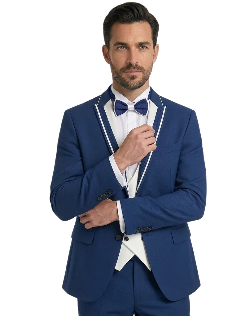Dark Blue Men's 4 Piece Wedding Suit Contrasting Lapel-Makrom