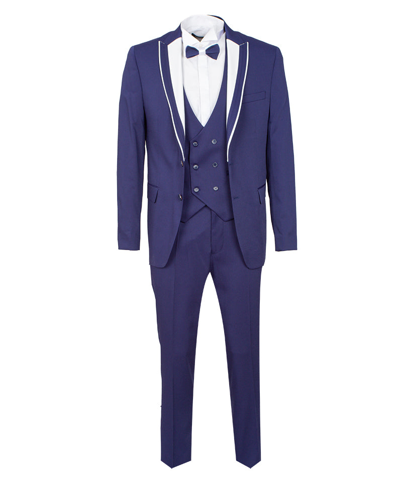 Dark Blue Men's 4 Piece Wedding Suit Contrasting Lapel-Makrom