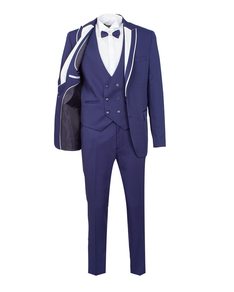 Dark Blue Men's 4 Piece Wedding Suit Contrasting Lapel-Makrom