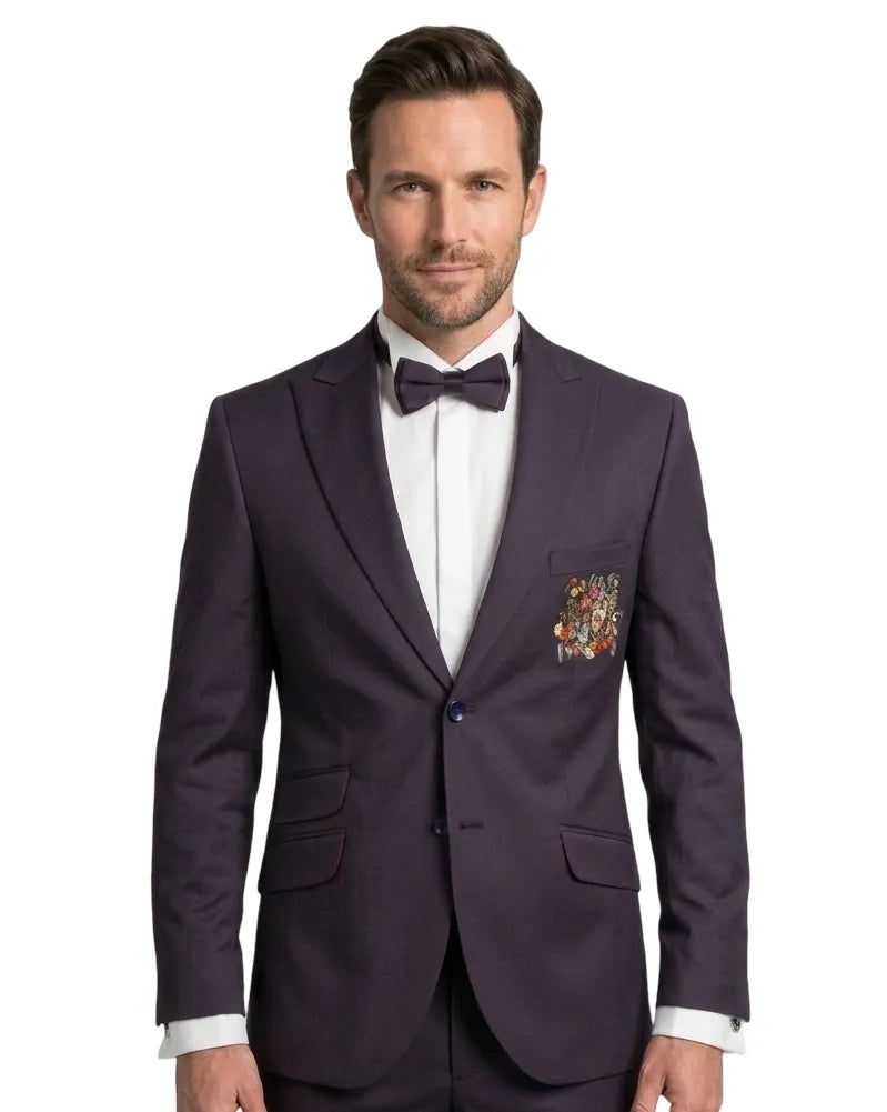 Dark Blue Musical Print Glitter Blazer with Contrasting Lapel-Makrom