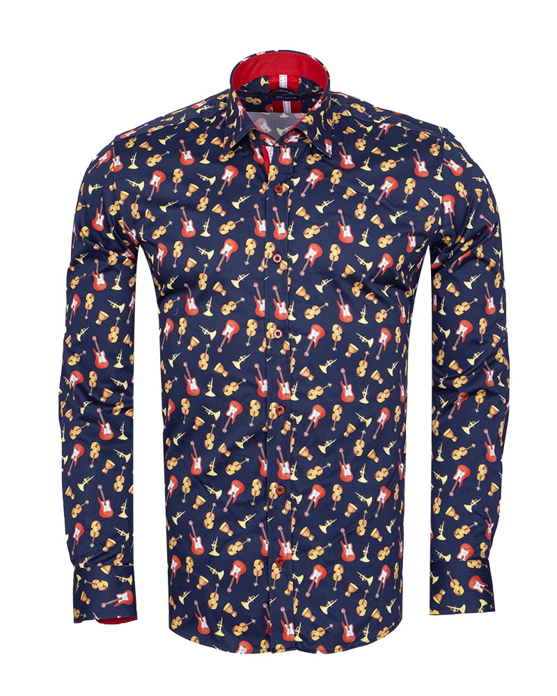 Dark Blue Orchestra Instrument Print Shirt with Matching Handkerchief-Makrom