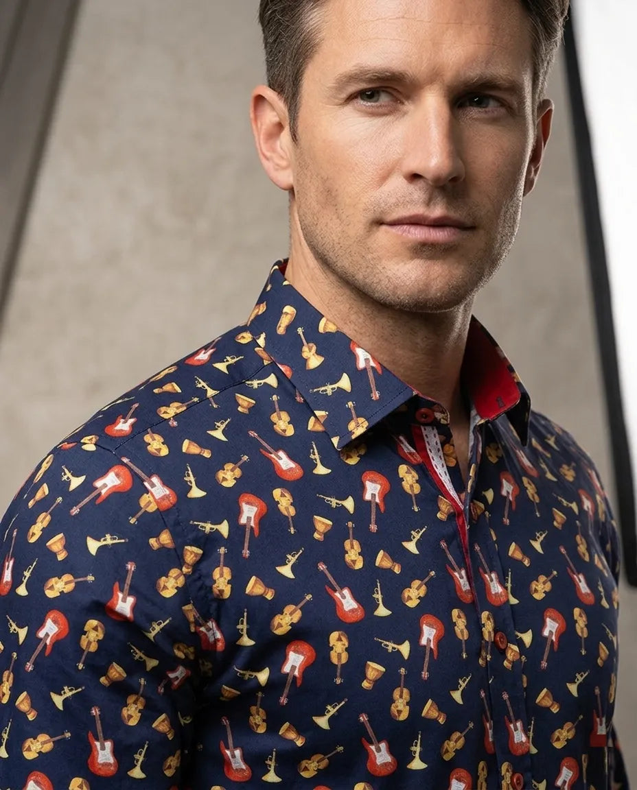 Dark Blue Orchestra Instrument Print Shirt with Matching Handkerchief