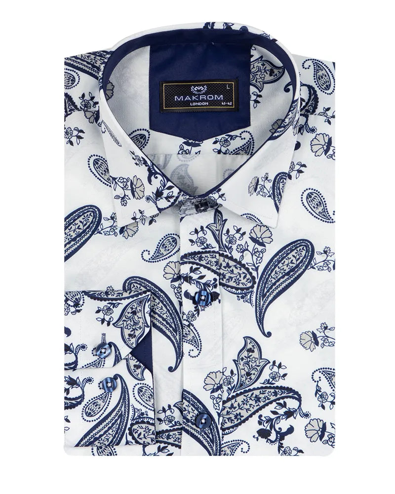 Dark Blue Paisley Print Long Sleeve Shirt-Makrom