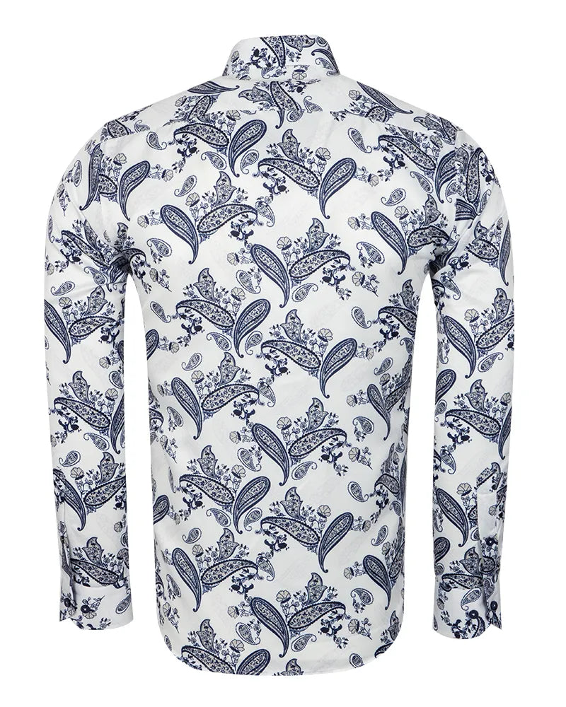 Dark Blue Paisley Print Long Sleeve Shirt-Makrom