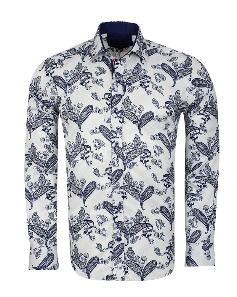 Dark Blue Paisley Print Long Sleeve Shirt-Makrom