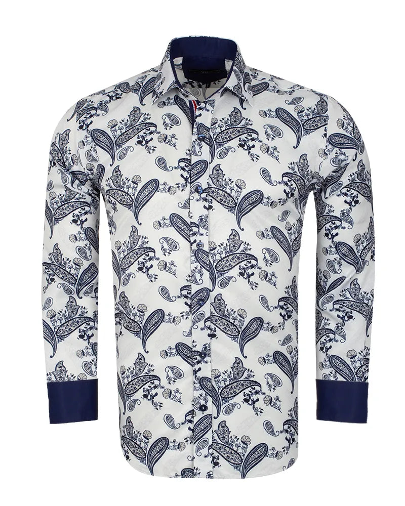 Dark Blue Paisley Print Long Sleeve Shirt-Makrom