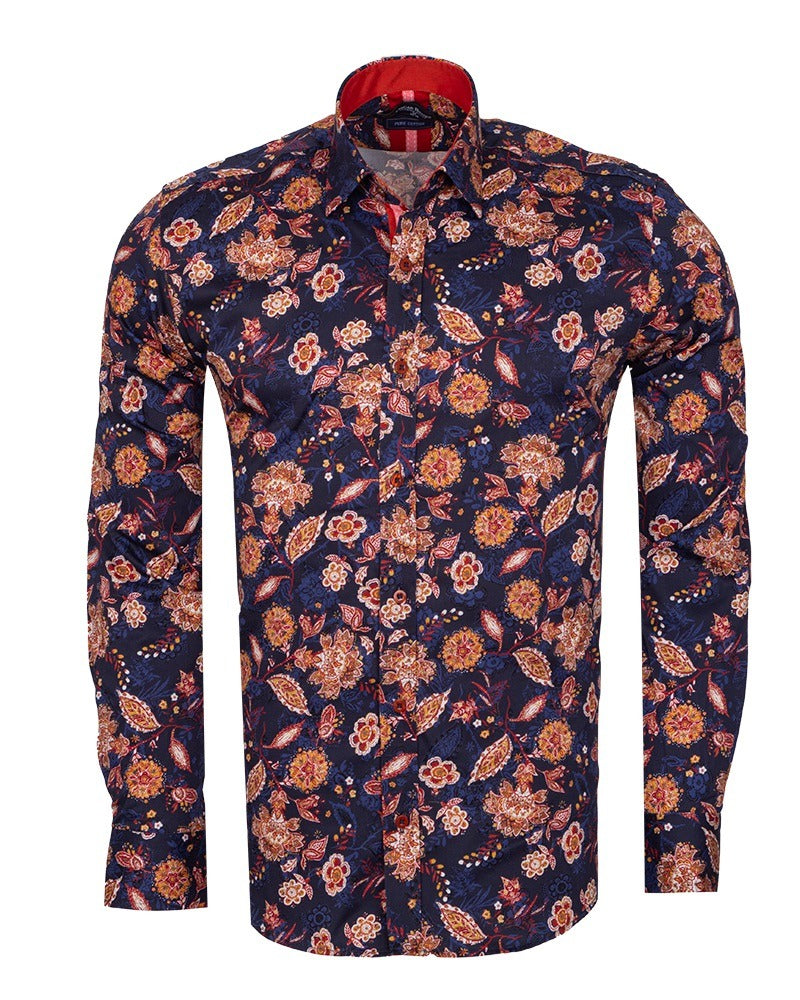 Dark Blue Paisley Print Men's Shirt with Matching Handkerchief-Makrom