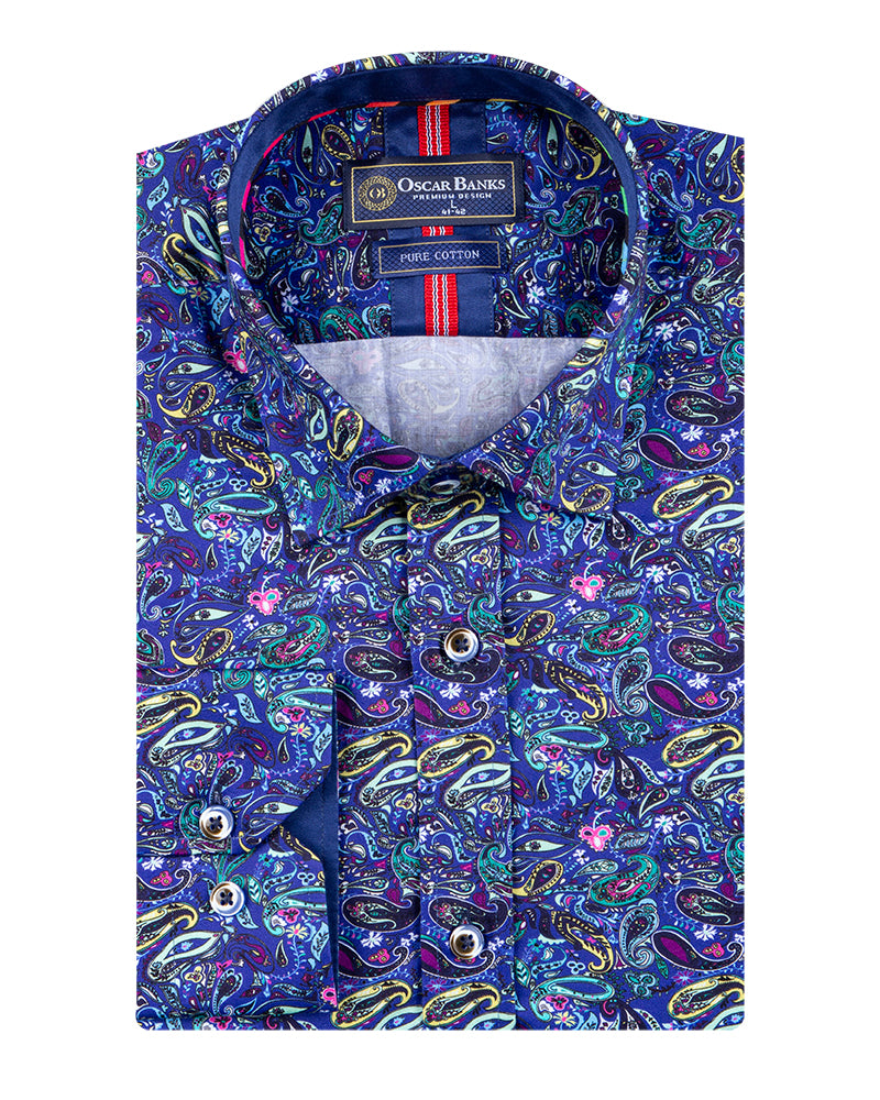 Dark Blue Paisley Print Men's Shirt with Matching Handkerchief-Makrom