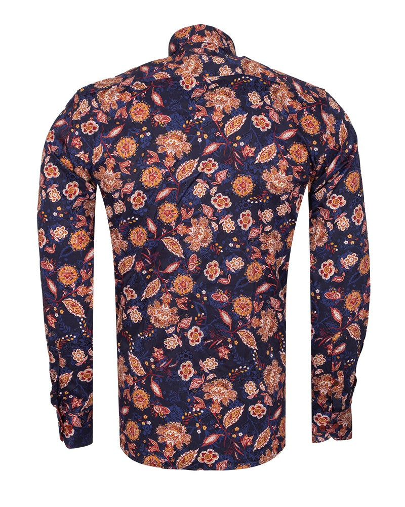 Dark Blue Paisley Print Men's Shirt with Matching Handkerchief-Makrom