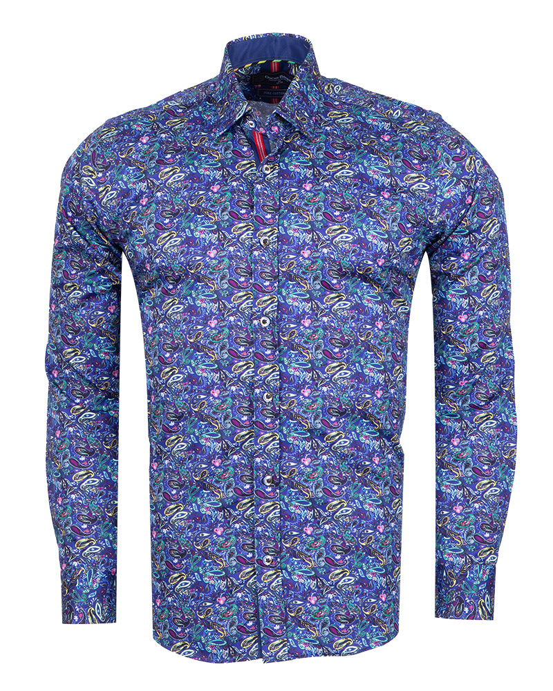 Dark Blue Paisley Print Men's Shirt with Matching Handkerchief-Makrom